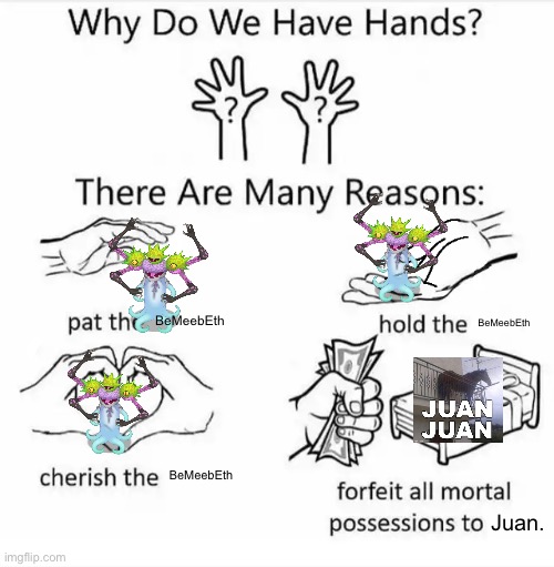 Why do we have hands? (all blank) | BeMeebEth; BeMeebEth; BeMeebEth; Juan. | image tagged in why do we have hands all blank | made w/ Imgflip meme maker