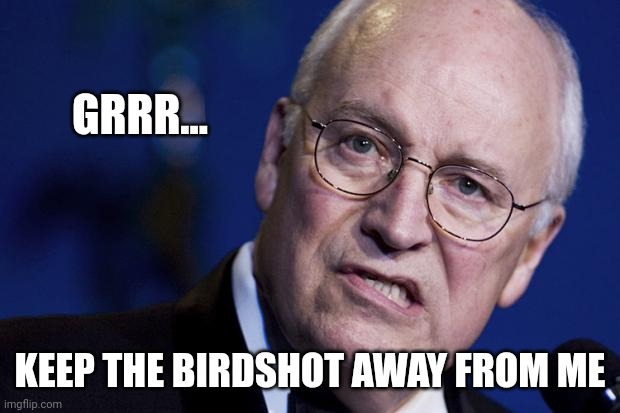 scumbag dick cheney | GRRR... KEEP THE BIRDSHOT AWAY FROM ME | image tagged in scumbag dick cheney | made w/ Imgflip meme maker