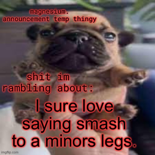 minor to minor action | I sure love saying smash to a minors legs. | image tagged in pug temp | made w/ Imgflip meme maker