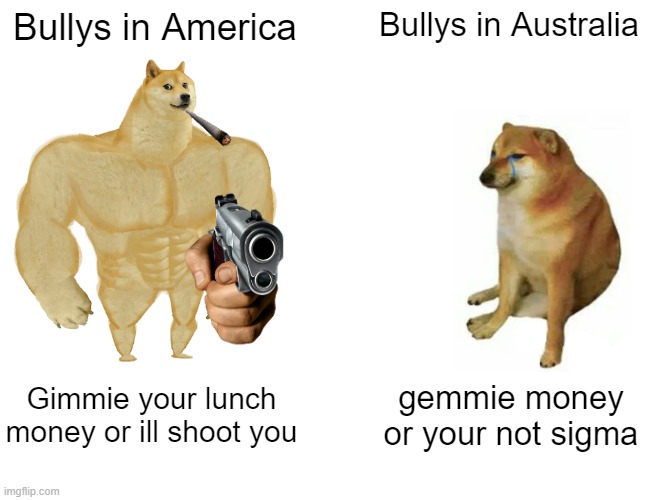 Australia VS America (Bully Edition) | Bullys in America; Bullys in Australia; Gimmie your lunch money or ill shoot you; gemmie money or your not sigma | image tagged in memes,buff doge vs cheems | made w/ Imgflip meme maker