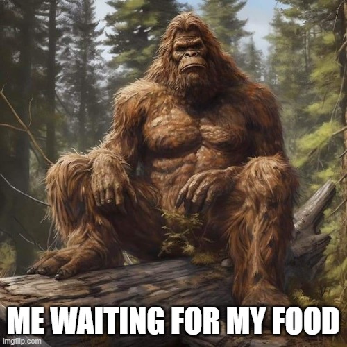 bigfoot | ME WAITING FOR MY FOOD | image tagged in bigfoot | made w/ Imgflip meme maker