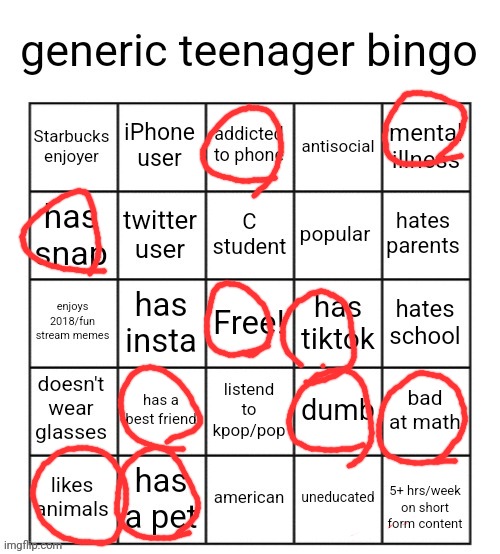 generic teenager bingo | image tagged in generic teenager bingo | made w/ Imgflip meme maker