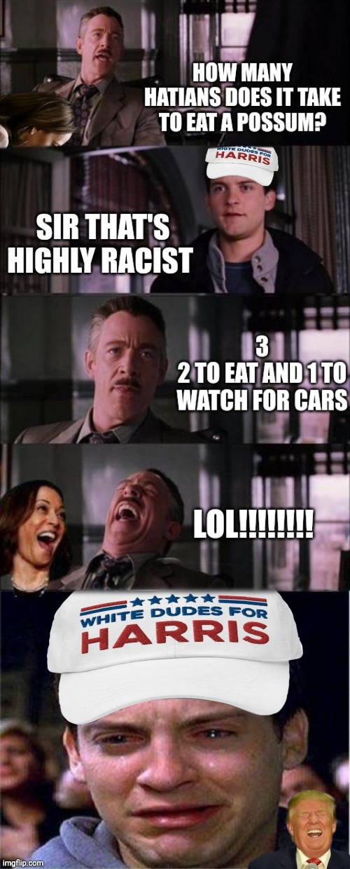 Poor Peter lol | image tagged in peter parker cry,haiti,animals,food,illegal aliens,kamala harris | made w/ Imgflip meme maker