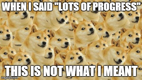 Multi Doge Meme | WHEN I SAID "LOTS OF PROGRESS" THIS IS NOT WHAT I MEANT | image tagged in memes,multi doge | made w/ Imgflip meme maker