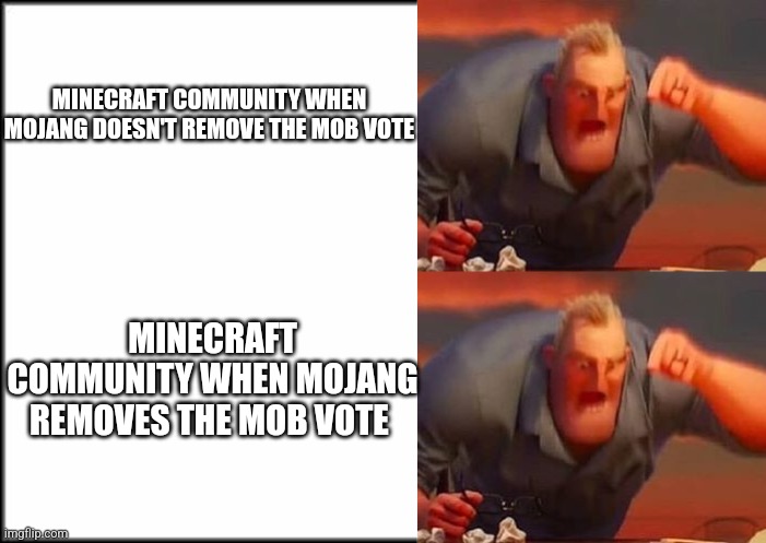 Now what? | MINECRAFT COMMUNITY WHEN MOJANG DOESN'T REMOVE THE MOB VOTE; MINECRAFT COMMUNITY WHEN MOJANG REMOVES THE MOB VOTE | image tagged in mr incredible mad,minecraft | made w/ Imgflip meme maker