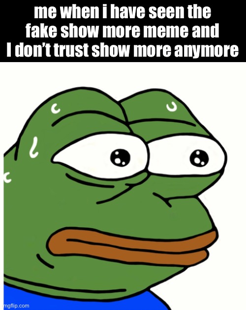 Stressed Pepe | me when i have seen the fake show more meme and I don’t trust show more anymore | image tagged in stressed pepe | made w/ Imgflip meme maker