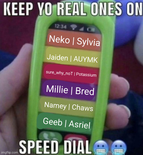 LGBTQ Stream Edition :> | Neko | Sylvia; Jaiden | AUYMK; sure_why_noT | Potassium; Millie | Bred; Namey | Chaws; Geeb | Asriel | image tagged in keep yo real ones on speed dial | made w/ Imgflip meme maker