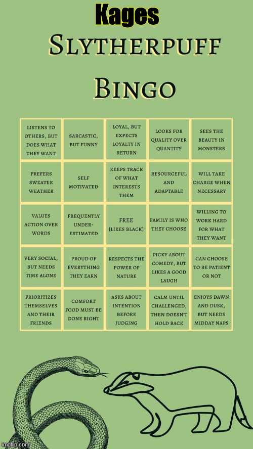 Plz use (It's called Kages SlytherPuff Bingo) DO NOT CHANGE WHERE IT SAYS KAGE PLEASE | image tagged in kages slytherpuff bingo | made w/ Imgflip meme maker