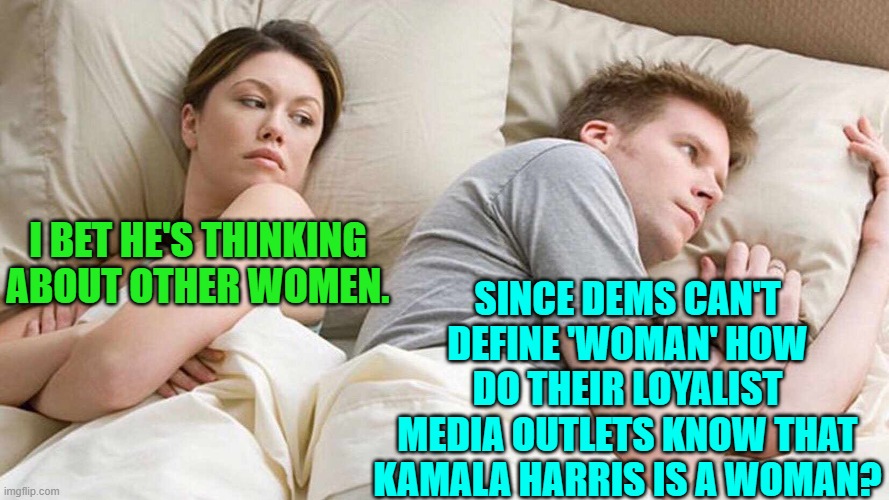 It is an intriguing question. | SINCE DEMS CAN'T DEFINE 'WOMAN' HOW DO THEIR LOYALIST MEDIA OUTLETS KNOW THAT KAMALA HARRIS IS A WOMAN? I BET HE'S THINKING ABOUT OTHER WOMEN. | image tagged in yep | made w/ Imgflip meme maker