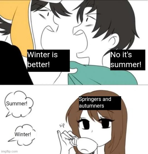 image tagged in winter,summer,argument,spring,autumn,tea | made w/ Imgflip meme maker