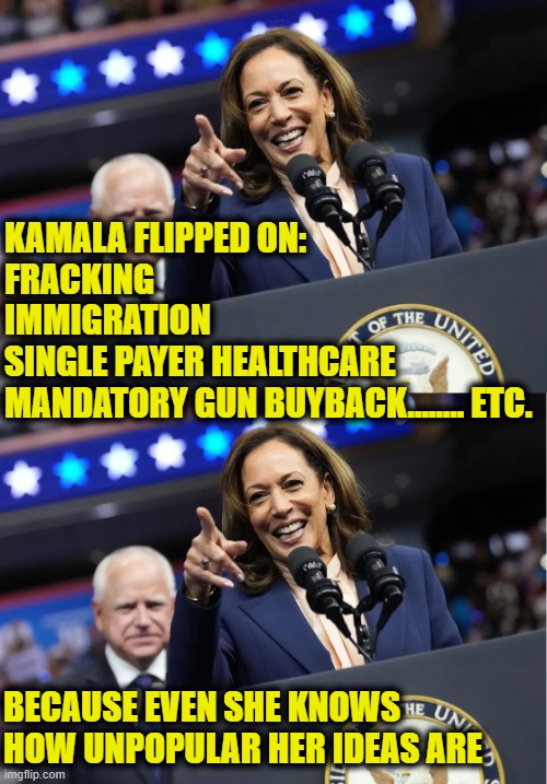 Forget what I said | KAMALA FLIPPED ON:
FRACKING
IMMIGRATION
SINGLE PAYER HEALTHCARE
MANDATORY GUN BUYBACK........ ETC. BECAUSE EVEN SHE KNOWS HOW UNPOPULAR HER IDEAS ARE | image tagged in kamala harris | made w/ Imgflip meme maker