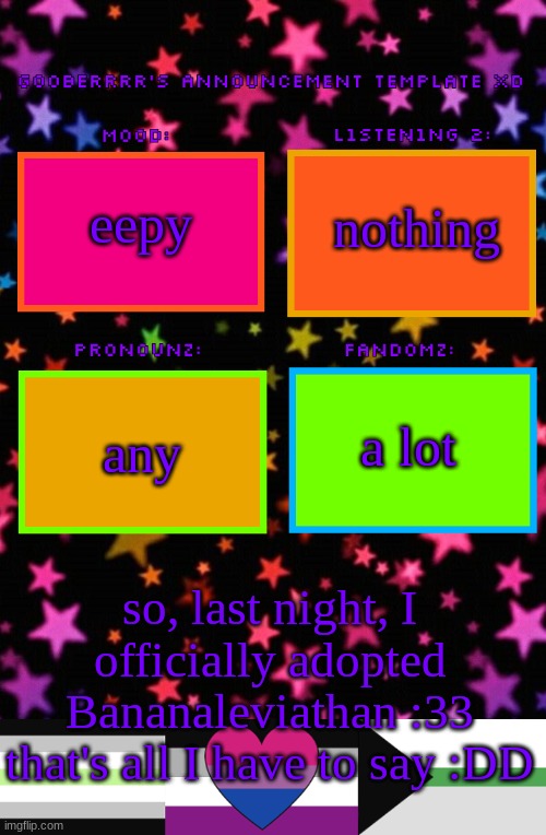 yippieee | nothing; eepy; a lot; any; so, last night, I officially adopted Bananaleviathan :33 that's all I have to say :DD | image tagged in gooberrrr's announcement template xd | made w/ Imgflip meme maker