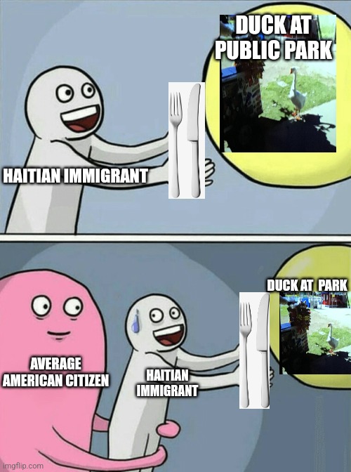 Haitian immigrant eats duck | DUCK AT PUBLIC PARK; HAITIAN IMMIGRANT; DUCK AT  PARK; HAITIAN IMMIGRANT; AVERAGE AMERICAN CITIZEN | image tagged in memes,running away balloon | made w/ Imgflip meme maker