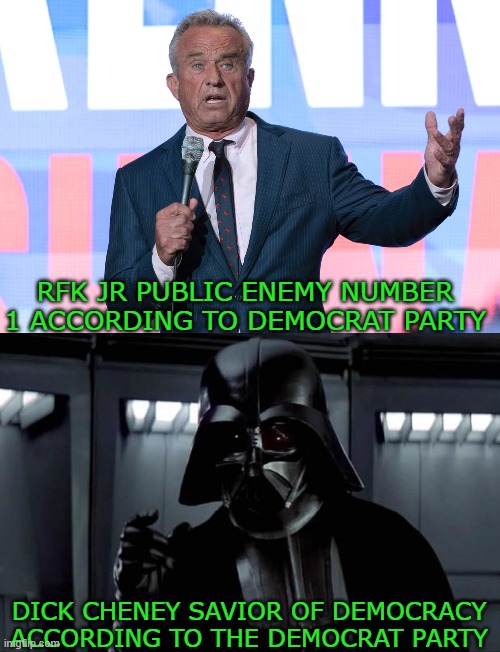 this shxt keeps getting more sureal | RFK JR PUBLIC ENEMY NUMBER 1 ACCORDING TO DEMOCRAT PARTY; DICK CHENEY SAVIOR OF DEMOCRACY ACCORDING TO THE DEMOCRAT PARTY | image tagged in robert kennedy jr on mic,darth vader | made w/ Imgflip meme maker