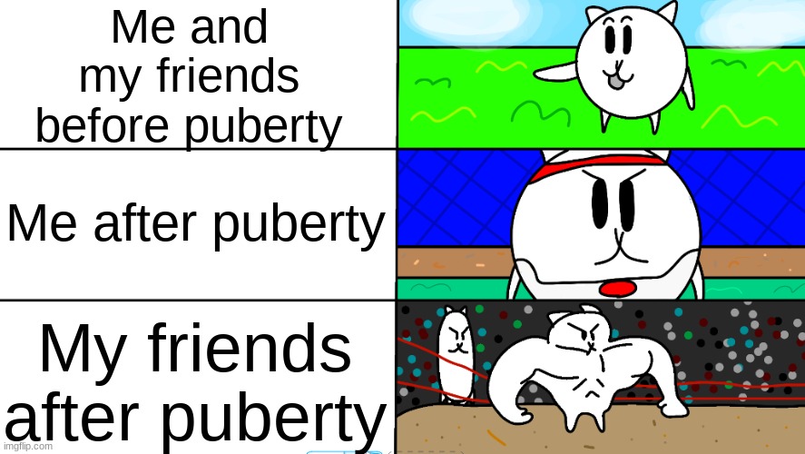 Battle Cats Weak To Strong | Me and my friends before puberty Me after puberty My friends after puberty | image tagged in battle cats weak to strong | made w/ Imgflip meme maker