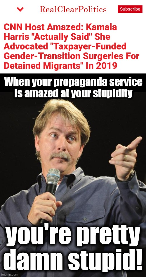 Now THAT'S stupid! | When your propaganda service is amazed at your stupidity; you're pretty damn stupid! | image tagged in jeff foxworthy,memes,kamala harris,gender reassignment,migrants,democrats | made w/ Imgflip meme maker