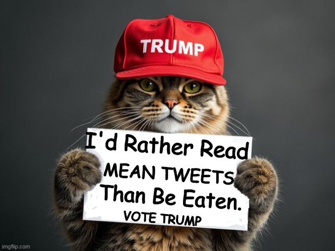 Meow for MAGA! | I'd Rather Read; MEAN TWEETS; Than Be Eaten. VOTE TRUMP | image tagged in trump cat,political humor,smart cat,the most interesting cat in the world,common sense,liberals vs conservatives | made w/ Imgflip meme maker