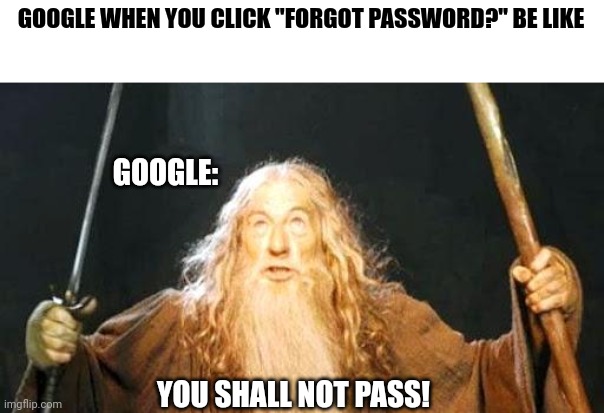 you shall not pass | GOOGLE WHEN YOU CLICK "FORGOT PASSWORD?" BE LIKE; GOOGLE:; YOU SHALL NOT PASS! | image tagged in you shall not pass | made w/ Imgflip meme maker