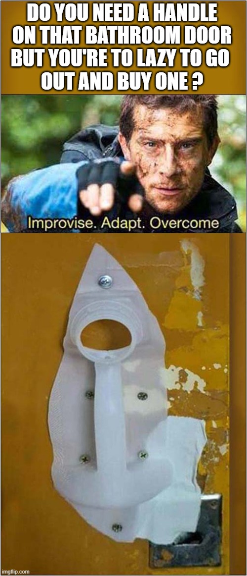 DIY Level 'Expert' ? | DO YOU NEED A HANDLE
ON THAT BATHROOM DOOR
BUT YOU'RE TO LAZY TO GO 
OUT AND BUY ONE ? | image tagged in diy,door handle,improvise adapt overcome | made w/ Imgflip meme maker