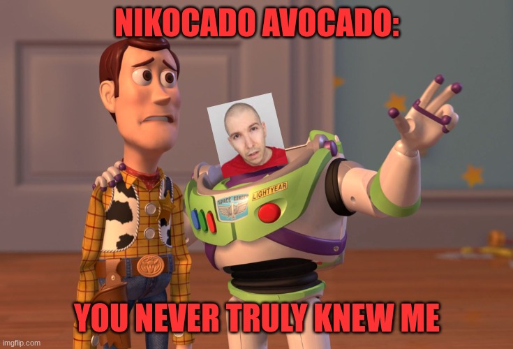 It was all a lie... | NIKOCADO AVOCADO:; YOU NEVER TRULY KNEW ME | image tagged in memes,x x everywhere,nikocado avocado,lies | made w/ Imgflip meme maker