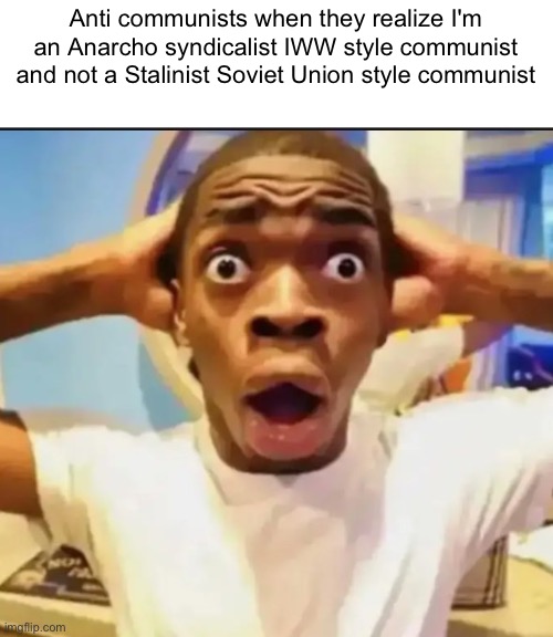 They only know the USSR I swear | Anti communists when they realize I'm an Anarcho syndicalist IWW style communist and not a Stalinist Soviet Union style communist | image tagged in surprised black guy,ussr,communist,iww | made w/ Imgflip meme maker