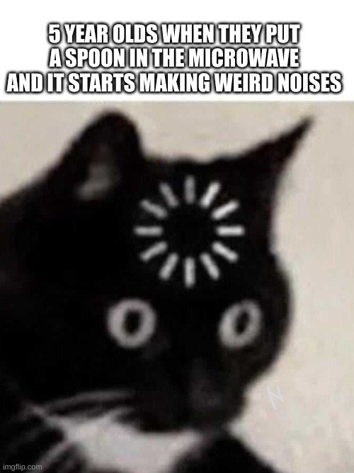 forgot cat | 5 YEAR OLDS WHEN THEY PUT A SPOON IN THE MICROWAVE AND IT STARTS MAKING WEIRD NOISES | image tagged in forgot cat,loading | made w/ Imgflip meme maker