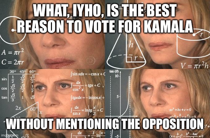 Calculating meme | WHAT, IYHO, IS THE BEST REASON TO VOTE FOR KAMALA; WITHOUT MENTIONING THE OPPOSITION | image tagged in calculating meme | made w/ Imgflip meme maker