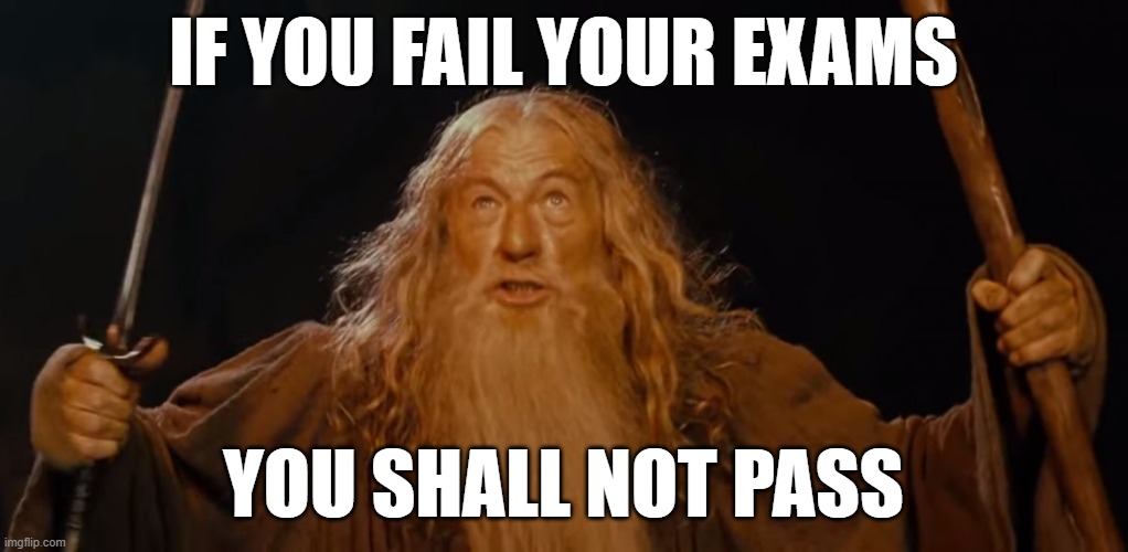 only school people can understand this | IF YOU FAIL YOUR EXAMS; YOU SHALL NOT PASS | image tagged in gandalf you shall not pass ian mckellen | made w/ Imgflip meme maker