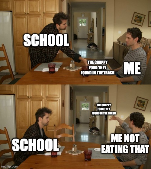 memes | SCHOOL; ME; THE CRAPPY FOOD THEY FOUND IN THE TRASH; THE CRAPPY FOOD THEY FOUND IN THE TRASH; SCHOOL; ME NOT EATING THAT | image tagged in plate toss,memes,funny,school,school lunch | made w/ Imgflip meme maker