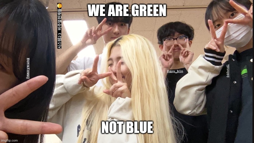 We are green Not blie | WE ARE GREEN; NOT BLUE | image tagged in disaster girl | made w/ Imgflip meme maker