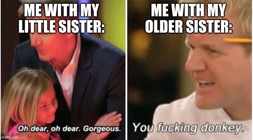 Me w/ my lil sis vs my big sis | ME WITH MY LITTLE SISTER:; ME WITH MY OLDER SISTER: | image tagged in gordon ramsay kids vs adults | made w/ Imgflip meme maker