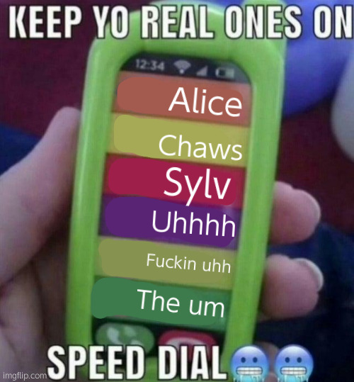 Consistently use memechat for more than a few people challenge (impossible) | Alice; Chaws; Sylv; Uhhhh; Fuckin uhh; The um | image tagged in keep yo real ones on speed dial | made w/ Imgflip meme maker