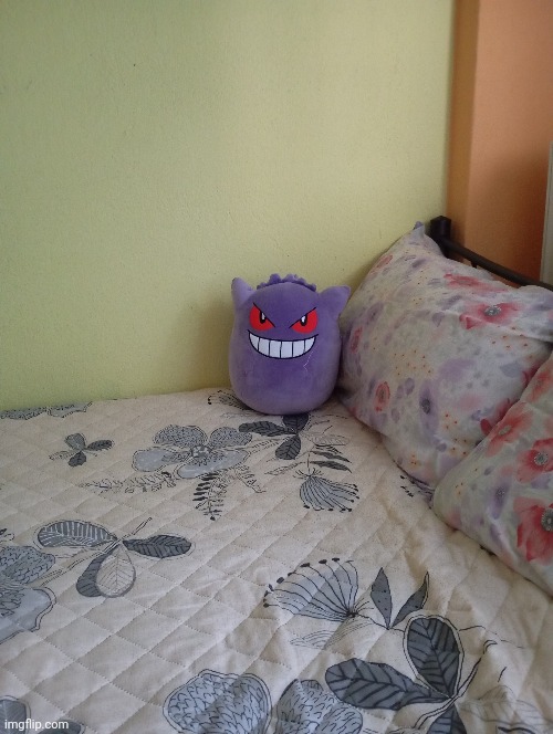 The other day I bought this Gengar Squishmallow and it's so silly XD (don't mind the pillow cases) | image tagged in memes,pokemon,gengar,squishmallow | made w/ Imgflip meme maker