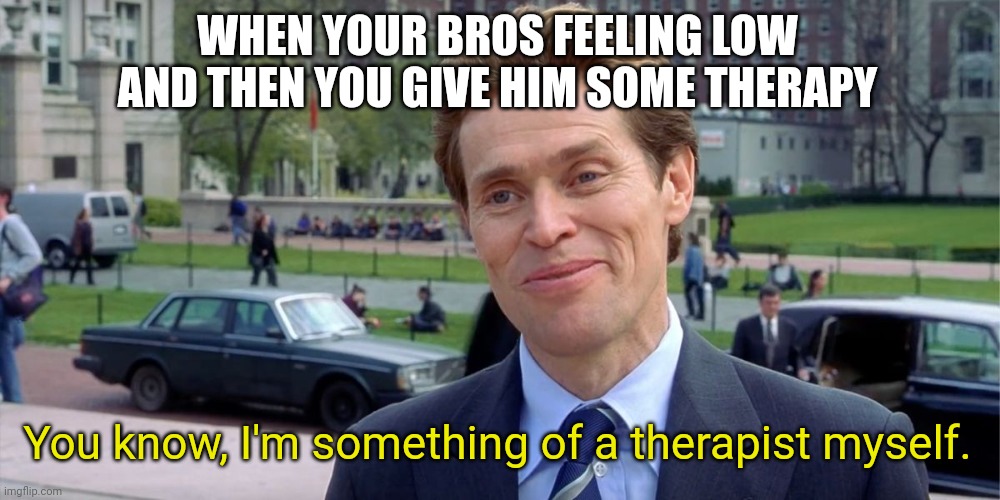 We cheering him up | WHEN YOUR BROS FEELING LOW AND THEN YOU GIVE HIM SOME THERAPY; You know, I'm something of a therapist myself. | image tagged in you know i'm something of a scientist myself | made w/ Imgflip meme maker