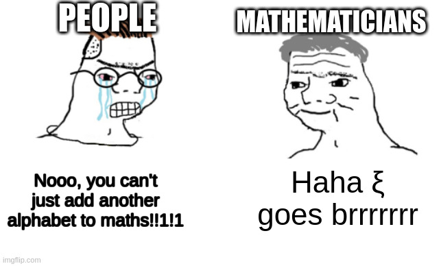 It does make maths look more complicated... | PEOPLE; MATHEMATICIANS; Haha ξ goes brrrrrrr; Nooo, you can't just add another alphabet to maths!!1!1 | image tagged in haha brrrrrrr,maths | made w/ Imgflip meme maker