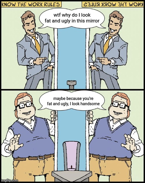 hello human resources | wtf why do I look fat and ugly in this mirror; maybe because you're fat and ugly, I look handsome | image tagged in hello human resources | made w/ Imgflip meme maker