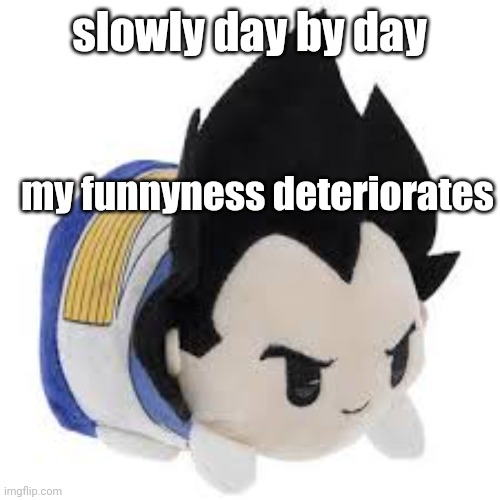 vegeta plush | slowly day by day; my funnyness deteriorates | image tagged in vegeta plush | made w/ Imgflip meme maker