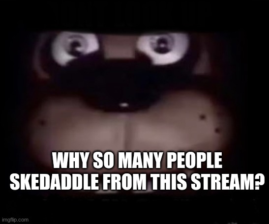 Freddy | WHY SO MANY PEOPLE SKEDADDLE FROM THIS STREAM? | image tagged in freddy | made w/ Imgflip meme maker