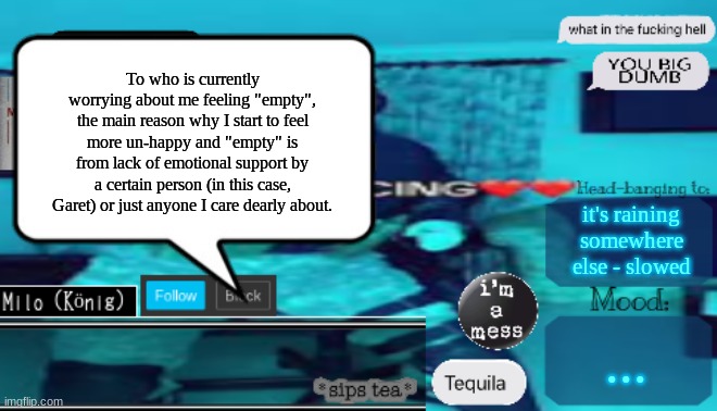 this has happened a few times before. | To who is currently worrying about me feeling "empty", the main reason why I start to feel more un-happy and "empty" is from lack of emotional support by a certain person (in this case, Garet) or just anyone I care dearly about. it's raining somewhere else - slowed; ... | image tagged in bdbs temp 4 | made w/ Imgflip meme maker