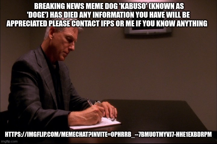 gibbs | BREAKING NEWS MEME DOG 'KABUSO' (KNOWN AS 'DOGE') HAS DIED ANY INFORMATION YOU HAVE WILL BE APPRECIATED PLEASE CONTACT IFPS OR ME IF YOU KNOW ANYTHING; HTTPS://IMGFLIP.COM/MEMECHAT?INVITE=0PHRRB_--7BMUOTMYVJ7-HHE1EXBDRPM | image tagged in gibbs | made w/ Imgflip meme maker