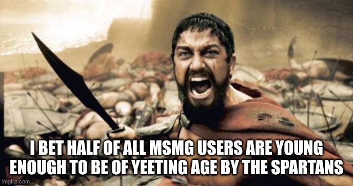 Half of y'all need to be yeeted off a mountain | I BET HALF OF ALL MSMG USERS ARE YOUNG ENOUGH TO BE OF YEETING AGE BY THE SPARTANS | image tagged in memes,sparta leonidas | made w/ Imgflip meme maker