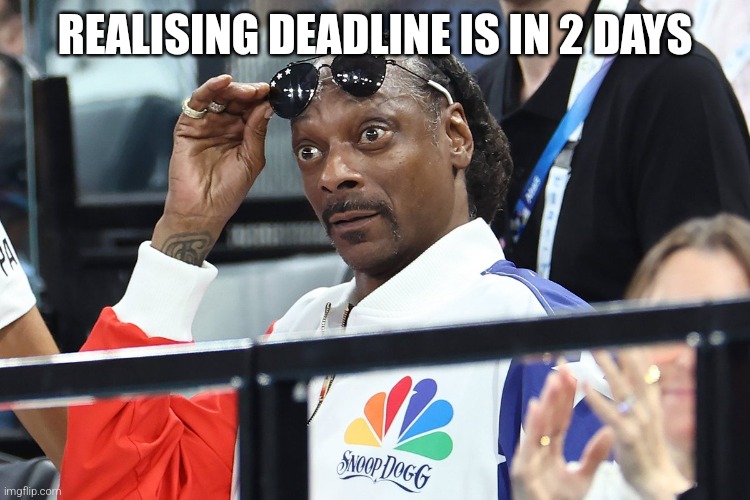 Task deadline | REALISING DEADLINE IS IN 2 DAYS | image tagged in snoop dog olympics surprised | made w/ Imgflip meme maker