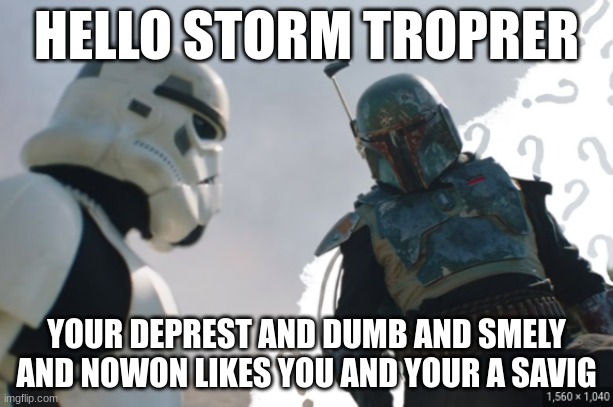 boba | HELLO STORM TROPRER; YOUR DEPREST AND DUMB AND SMELY AND NOWON LIKES YOU AND YOUR A SAVIG | made w/ Imgflip meme maker