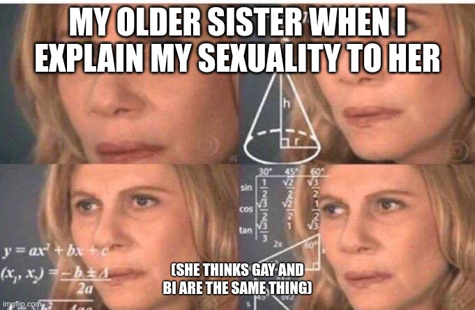 My older sister when I explain my sexuality: | MY OLDER SISTER WHEN I EXPLAIN MY SEXUALITY TO HER; (SHE THINKS GAY AND BI ARE THE SAME THING) | image tagged in math lady/confused lady | made w/ Imgflip meme maker