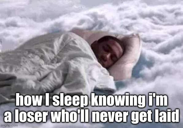 SLEEPING IN THE CLOUDS PEACEFUL | how I sleep knowing i'm a loser who'll never get laid | image tagged in sleeping in the clouds peaceful | made w/ Imgflip meme maker