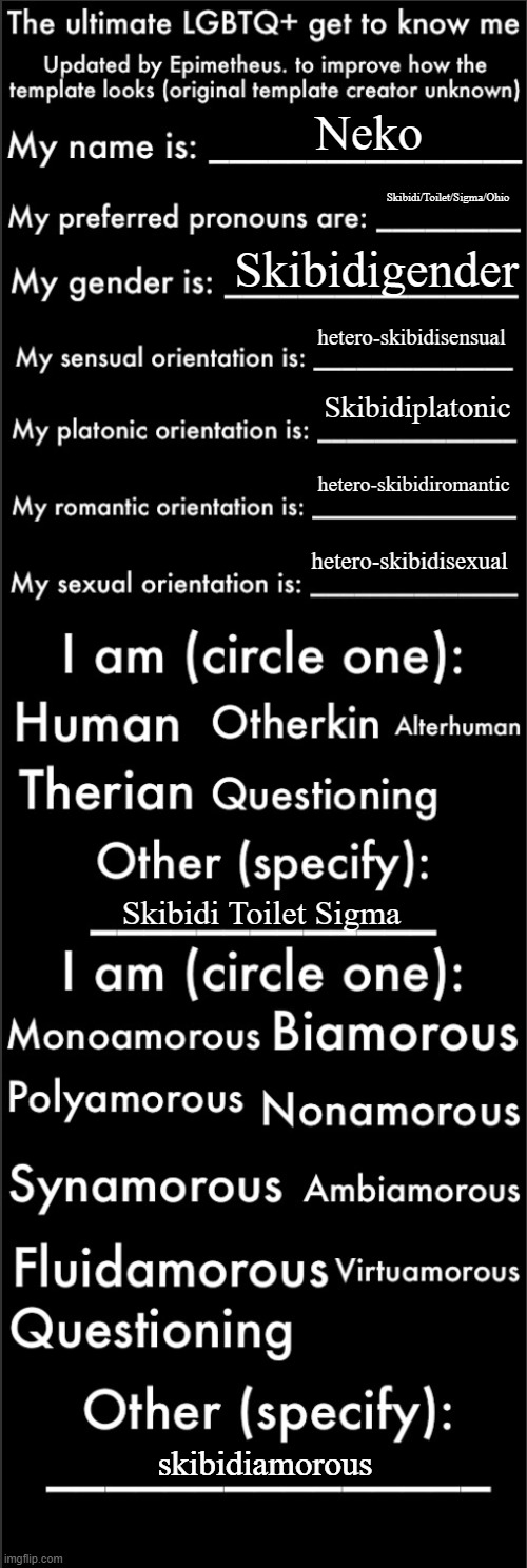 The ultimate LGBTQ+ get to know me (Updated) | Neko; Skibidi/Toilet/Sigma/Ohio; Skibidigender; hetero-skibidisensual; Skibidiplatonic; hetero-skibidiromantic; hetero-skibidisexual; Skibidi Toilet Sigma; skibidiamorous | image tagged in the ultimate lgbtq get to know me updated | made w/ Imgflip meme maker