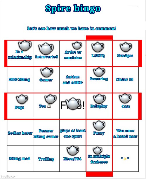 Spire bingo | 🫖; 🫖; 🫖; 🫖; 🫖; 🫖; 🫖; 🫖; 🫖; 🫖; 🫖; 🫖; 🫖; 🫖; 🫖 | image tagged in spire bingo,bingo,lgbtq,furry,cats,dogs | made w/ Imgflip meme maker