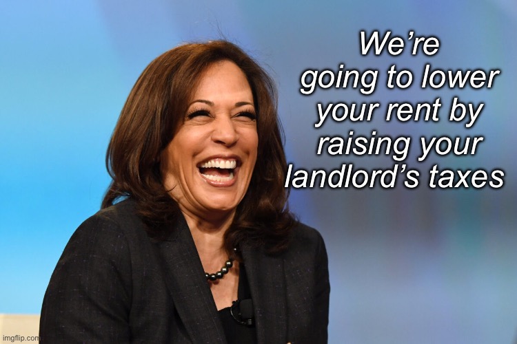 Lowering prices by increasing taxes :) | We’re going to lower your rent by raising your landlord’s taxes | image tagged in kamala harris laughing,politics lol,memes,brilliant | made w/ Imgflip meme maker