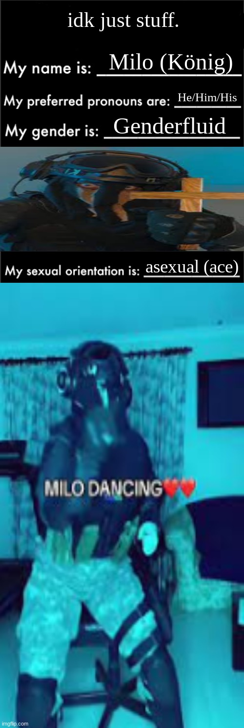 idk. | idk just stuff. Milo (König); He/Him/His; Genderfluid; asexual (ace) | image tagged in the ultimate lgbtq get to know me updated | made w/ Imgflip meme maker