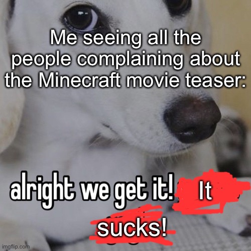 wtf is this template I found bruh (I ain’t saying the mc movie teaser was good I’ve just had enough (it sucks)) | Me seeing all the people complaining about the Minecraft movie teaser:; It; sucks! | image tagged in alright we get it you're gay | made w/ Imgflip meme maker